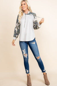 Solid French Terry Casual Hoodie with Camo Long Sleeve