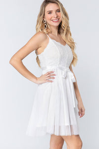 White Lace and Meshed Camisole Mini Dress