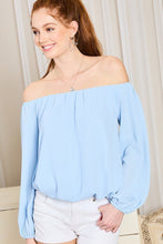 Load image into Gallery viewer, Light Blue Off Shoulder Bubble Sleeve Top