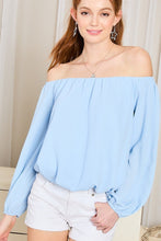 Load image into Gallery viewer, Light Blue Off Shoulder Bubble Sleeve Top