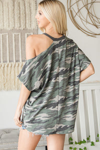 Asymmetric Neck Trim Camo Print Top