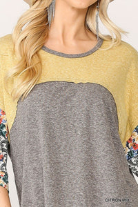 Colorblock Knit And Floral Print Mixed Top With Dolman Sleeve