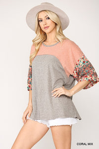 Colorblock Knit And Floral Print Mixed Top With Dolman Sleeve