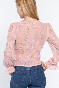 Ruffle Slv Floral Print Chiffon Top