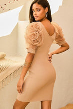 Load image into Gallery viewer, Taupe Flower Lace Bubble Sleeve Midi Bodycon Dress